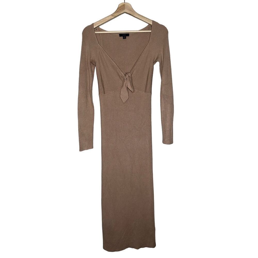 J. Crew Ribbed Knit V-Neck Bow Detail Midi Dress Taupe/Brown Size XXS Stretch
